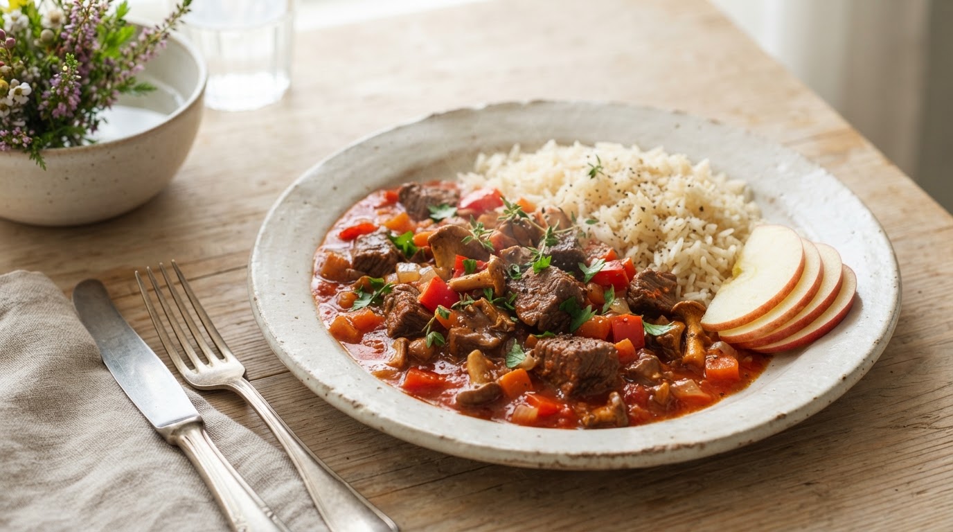 Fyldig biffgryte med augustsopp, paprika og ris – illustrasjonsbilde
