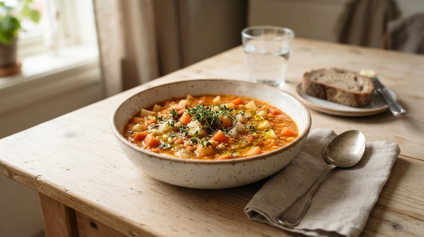 Fyldig linsesuppe med norske rotgrønnsaker og timian – illustrasjonsbilde