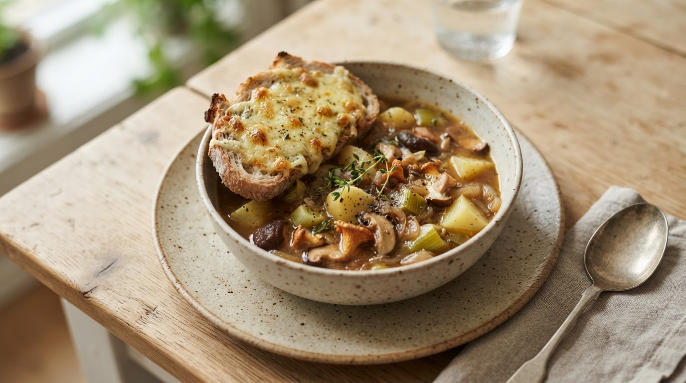 Fyldig løk- og potetsuppe med sopp og gratinerte ostebrød – illustrasjonsbilde