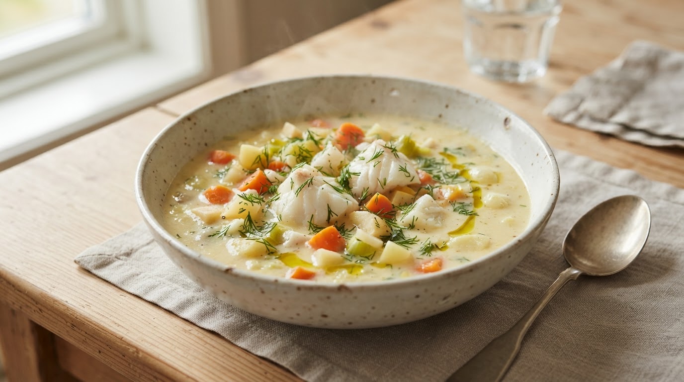 Fyldig melkefri og glutenfri fiskesuppe med torsk og sesongens rotgrønnsaker – slik ser retten ut