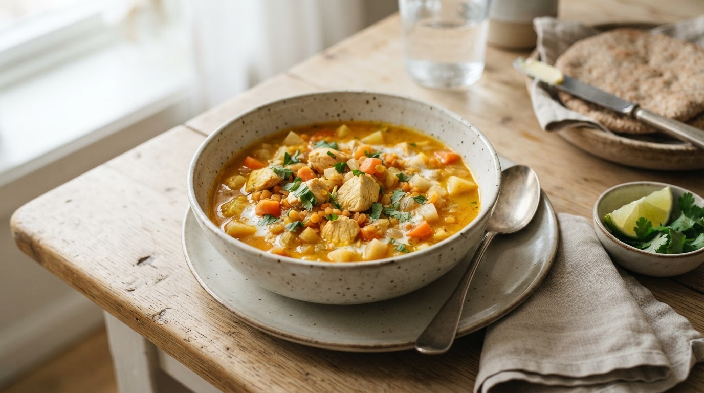Fyldig og mager karrisuppe med kylling, linser og rotgrønnsaker – illustrasjonsbilde