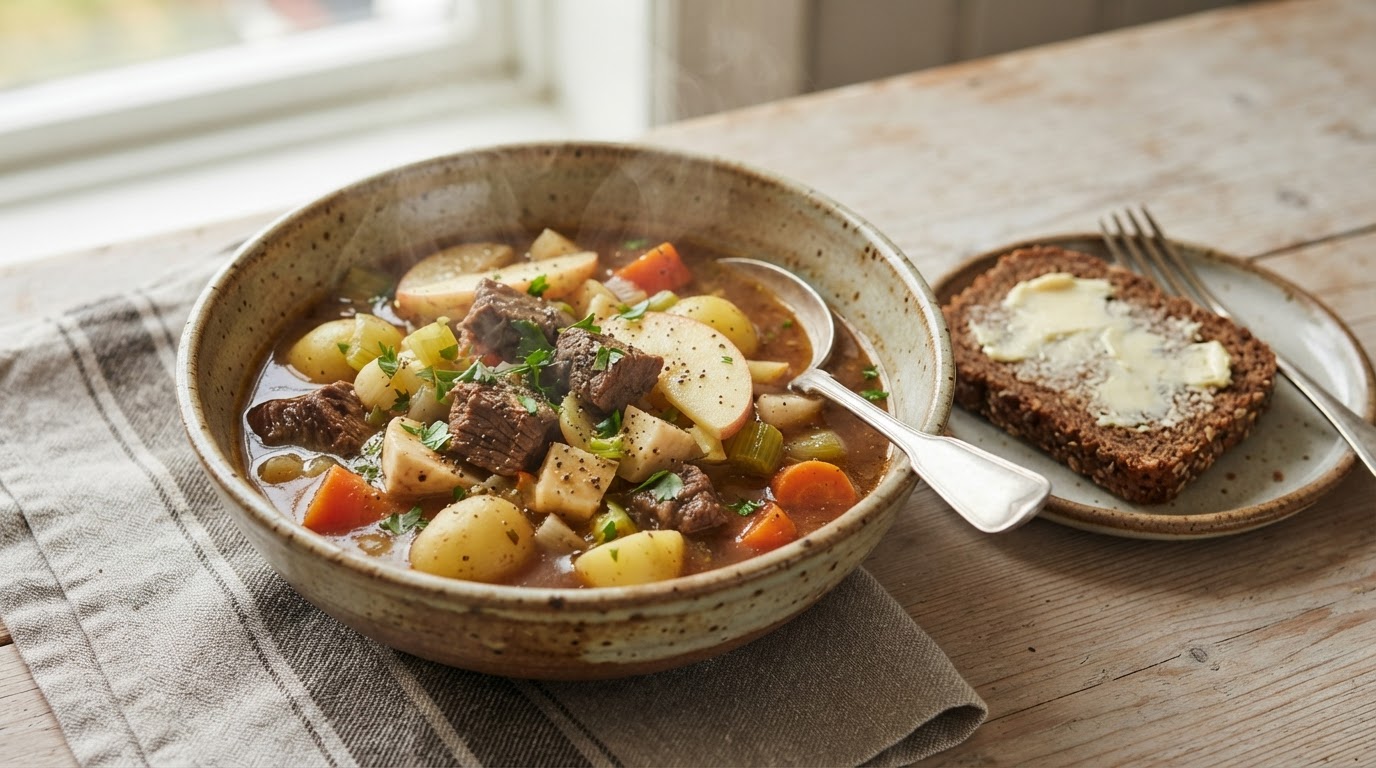 Fyldig oksesuppe med rotgrønnsaker, eple og grovt rugbrød – illustrasjonsbilde