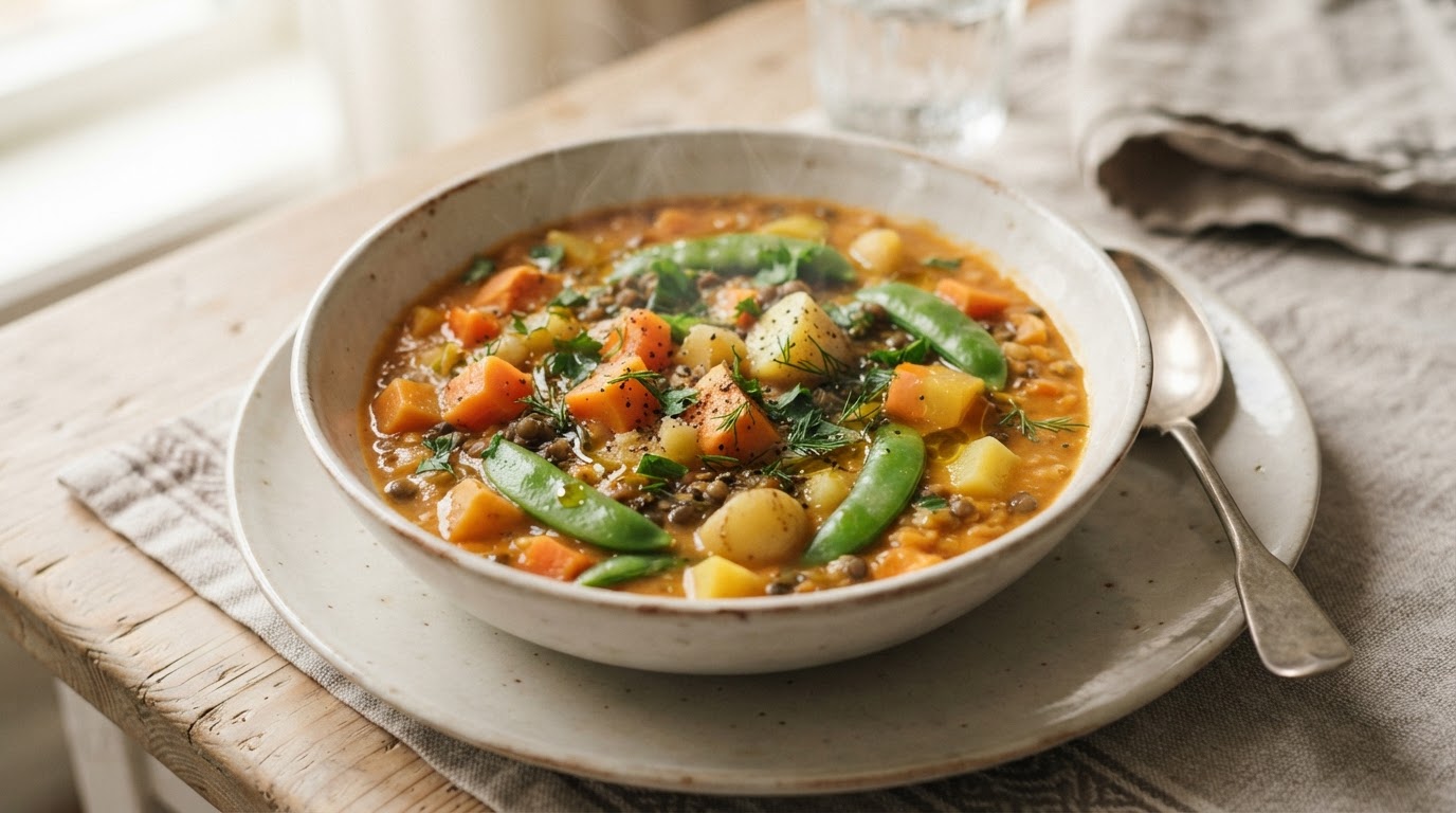 Fyldig søtpotet- og linsesuppe med rotgrønnsaker – slik ser retten ut