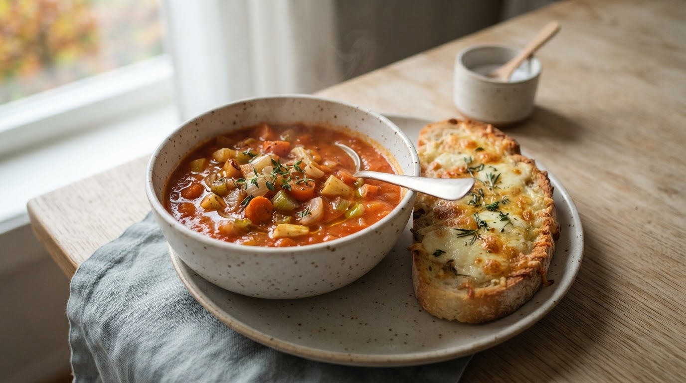 Fyldig tomat- og rotgrønnsakssuppe med gratinert ostebrød – illustrasjonsbilde