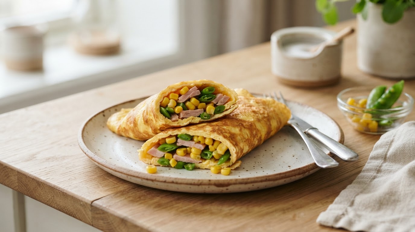 Fylt omelettwrap med fersk mais, sukkererter og kalkun – illustrasjonsbilde