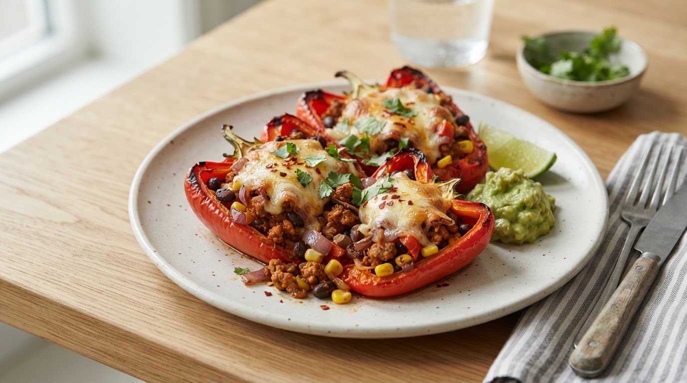 Fylt paprika med Tex-Mex kjøttdeig og svarte bønner – illustrasjonsbilde