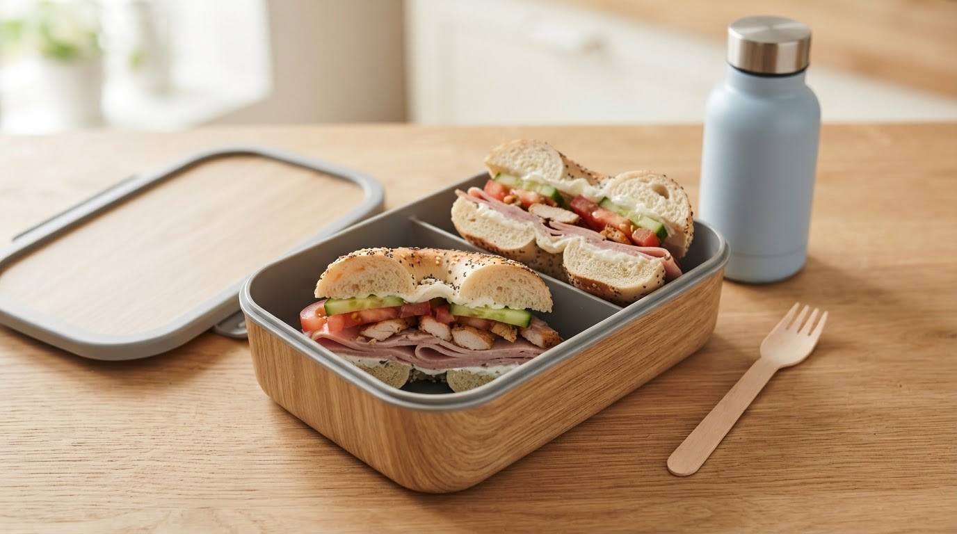 Fylte frokostbagels med kremost, kalkun og egg – illustrasjonsbilde