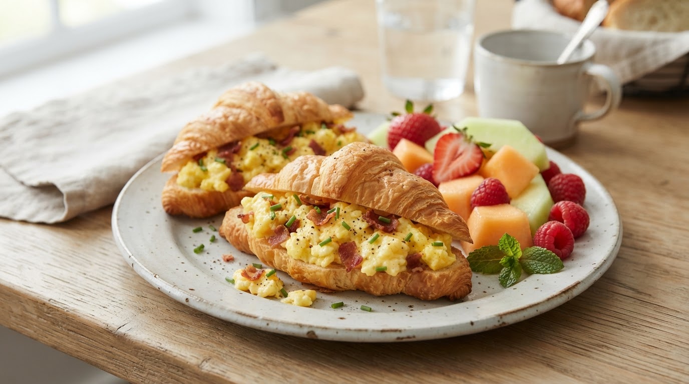 Fylte frokostcroissanter med eggerøre og variert fruktfat – illustrasjonsbilde