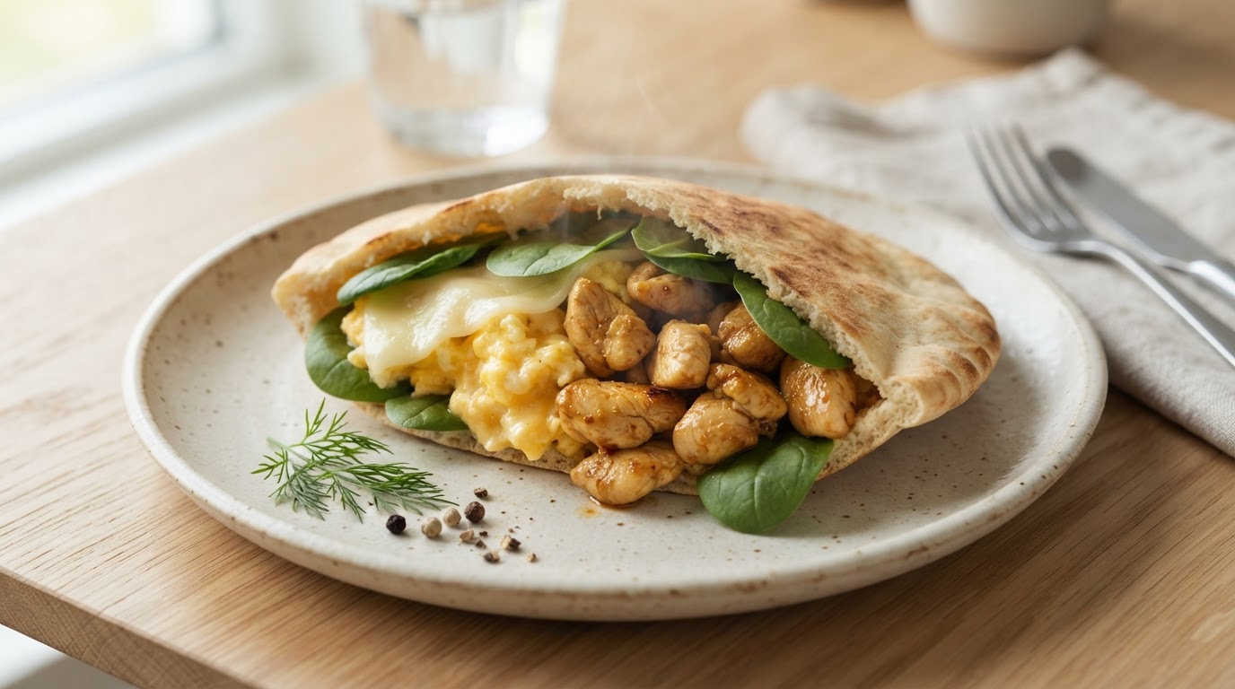 Fylte frokostpita med saftig eggerøre, kalkun og ost – slik ser retten ut