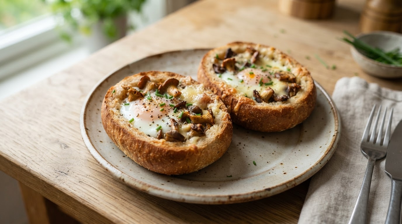 Fylte resterundstykker med egg, sopp og ost – illustrasjonsbilde