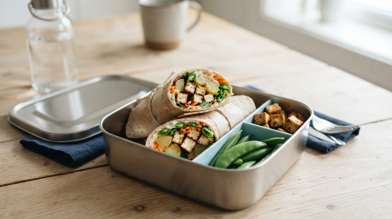 Fylte vegetarwraps med nypotetrester, tofu og sprø sukkererter – illustrasjonsbilde
