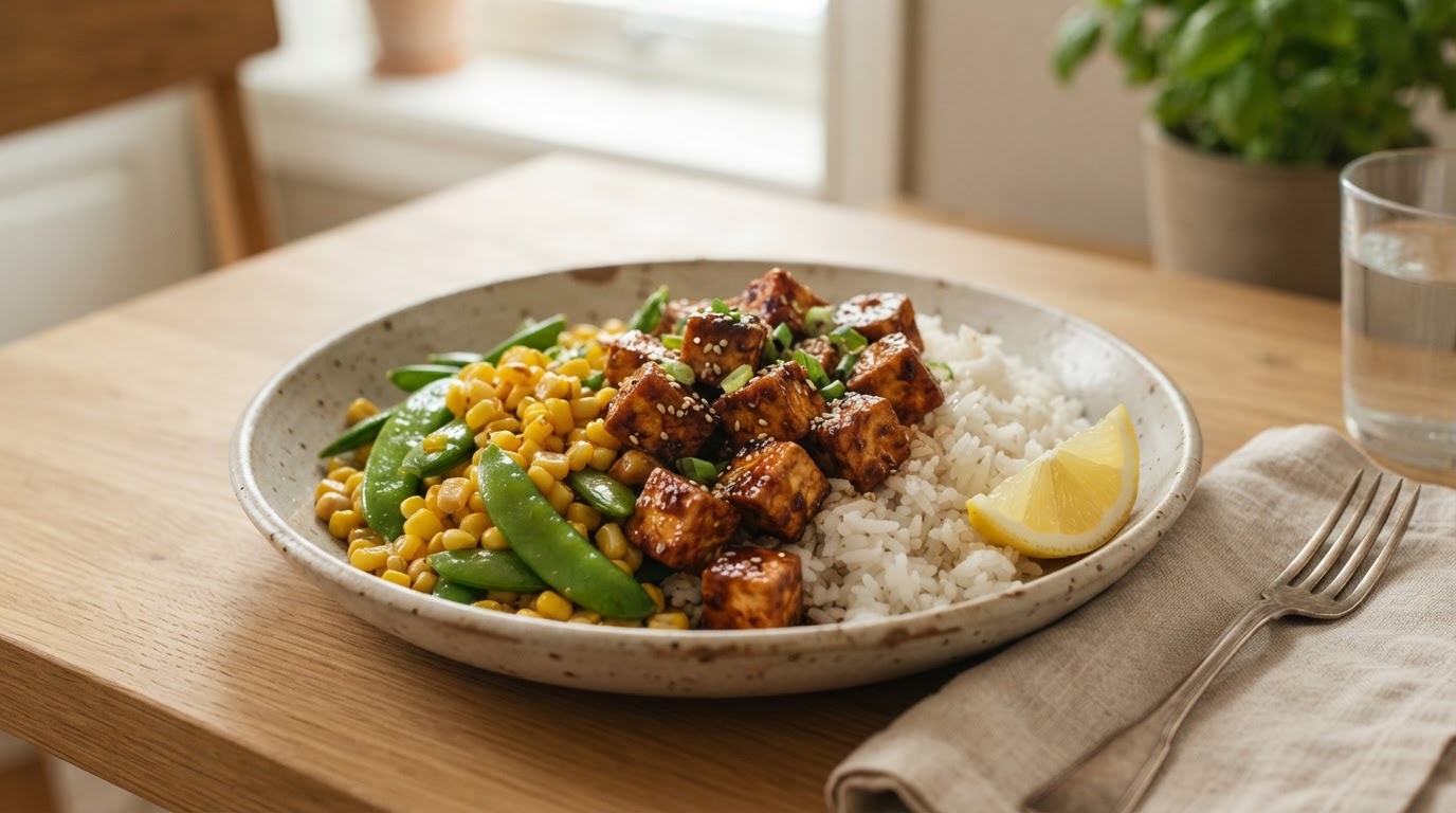 Glassert tofu med fersk mais, sukkererter og jasminris – slik ser retten ut