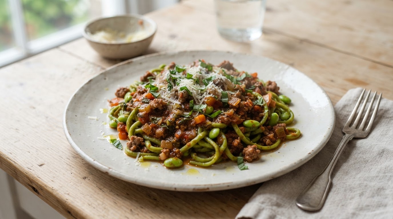 Glutenfri Bolognese med Edamamenudler – illustrasjonsbilde