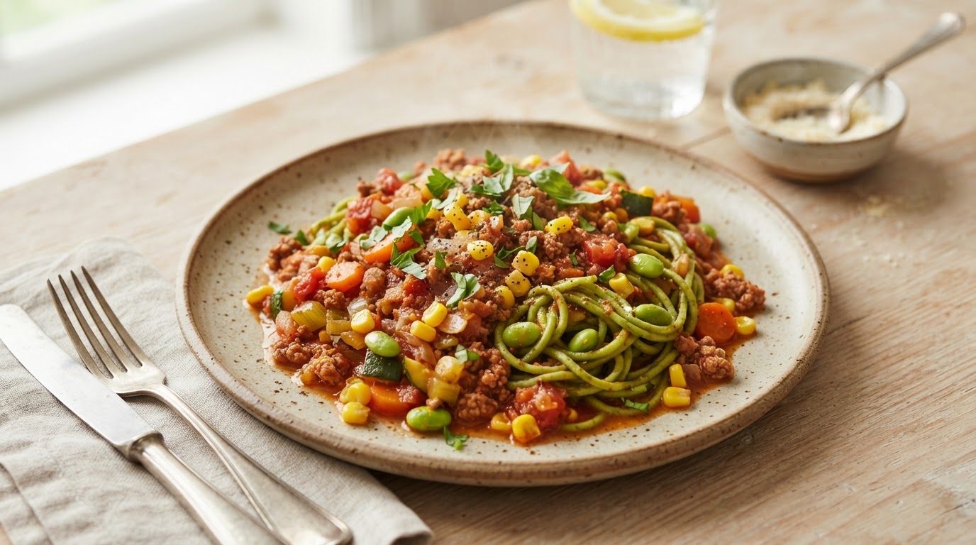 Glutenfri Bolognese med Edamamenudler og Fersk Mais – slik ser retten ut