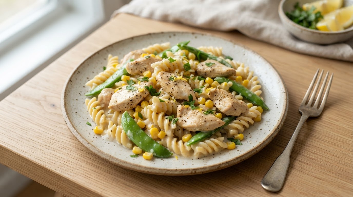 Glutenfri fredagspasta med kylling, fersk mais og sukkererter – slik ser retten ut