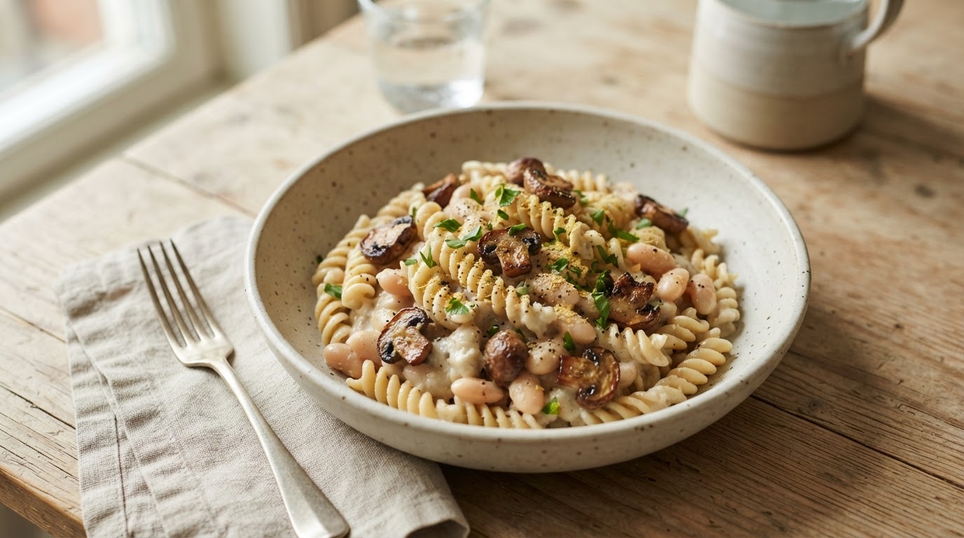 Glutenfri kremet pasta med hvit bønnesaus og ovnsstekt sopp – slik ser retten ut