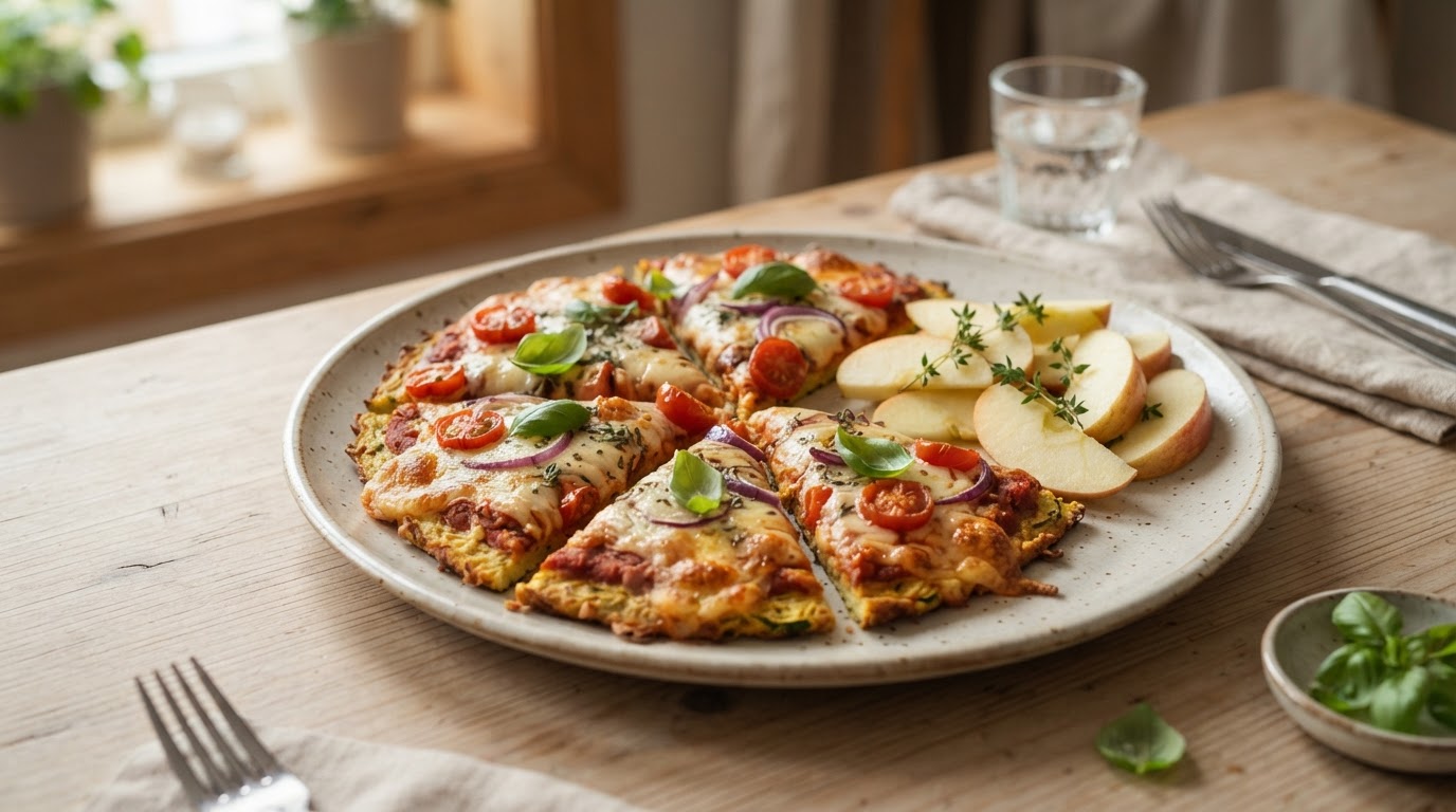 Glutenfri og lavkarbo squashpizza med laktosefri ost og ferske norske eplebåter