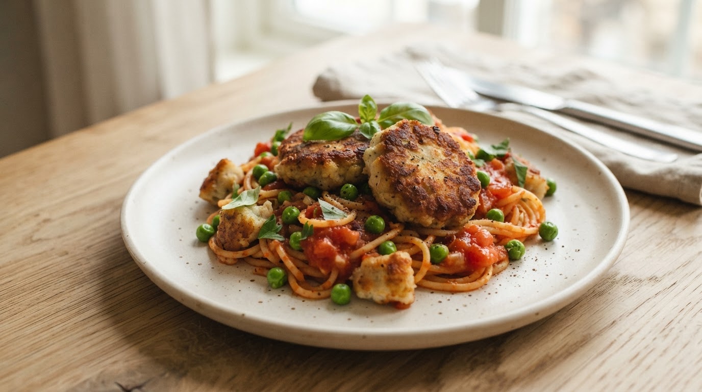 Glutenfri pasta med fiskekaker og mild tomatsaus – illustrasjonsbilde