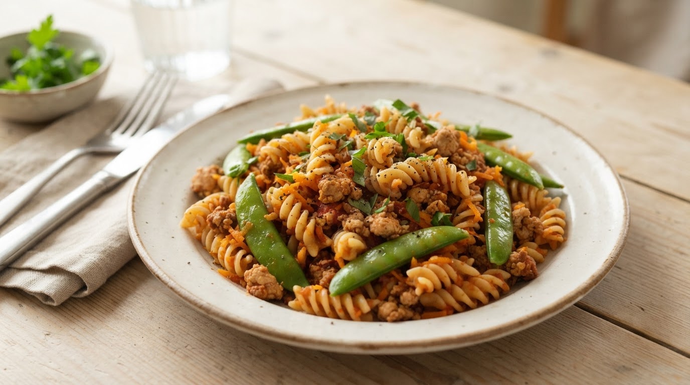 Glutenfri pastapanne med kyllingkjøttdeig og sukkererter – illustrasjonsbilde