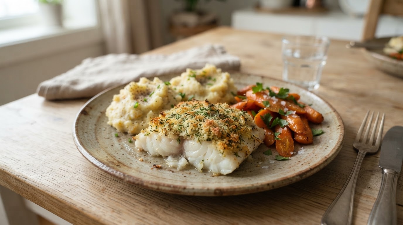 Gratinert brosme med rustikk kålrotmos og smørstekte gulrøtter – slik ser retten ut