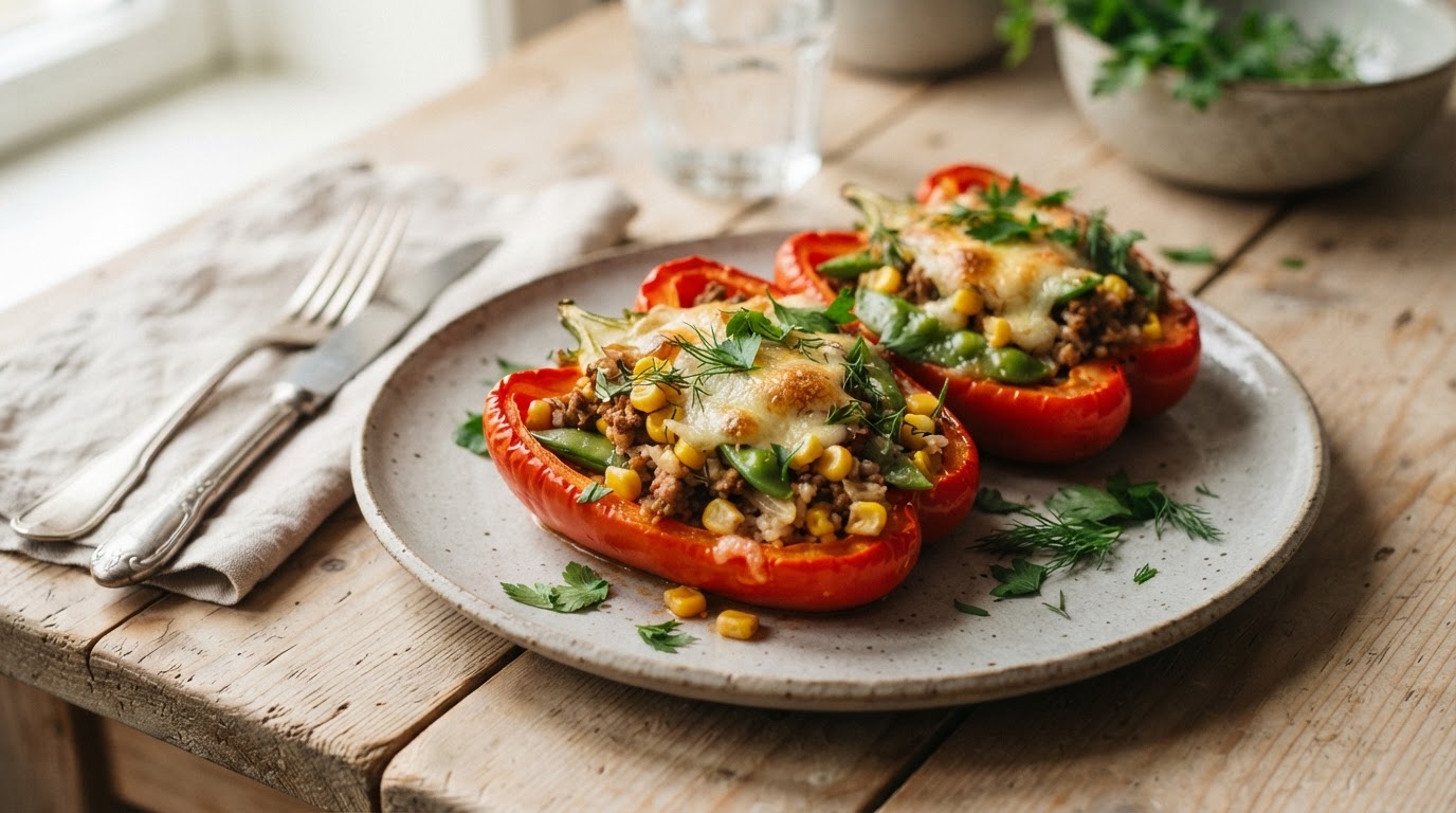 Gratinert fylt paprika i panne med restemat – slik ser retten ut