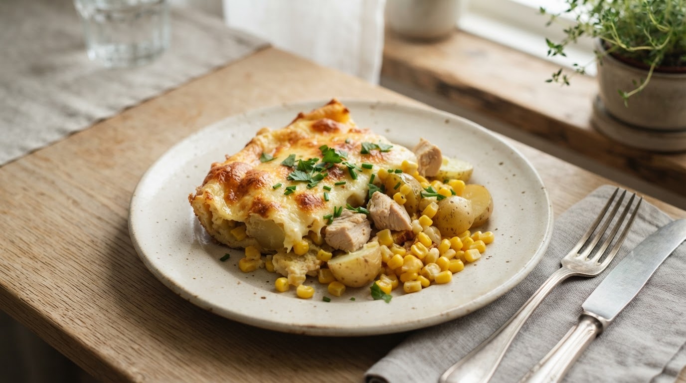 Gratinert pannekakeform med kylling, nypoteter og fersk mais – illustrasjonsbilde