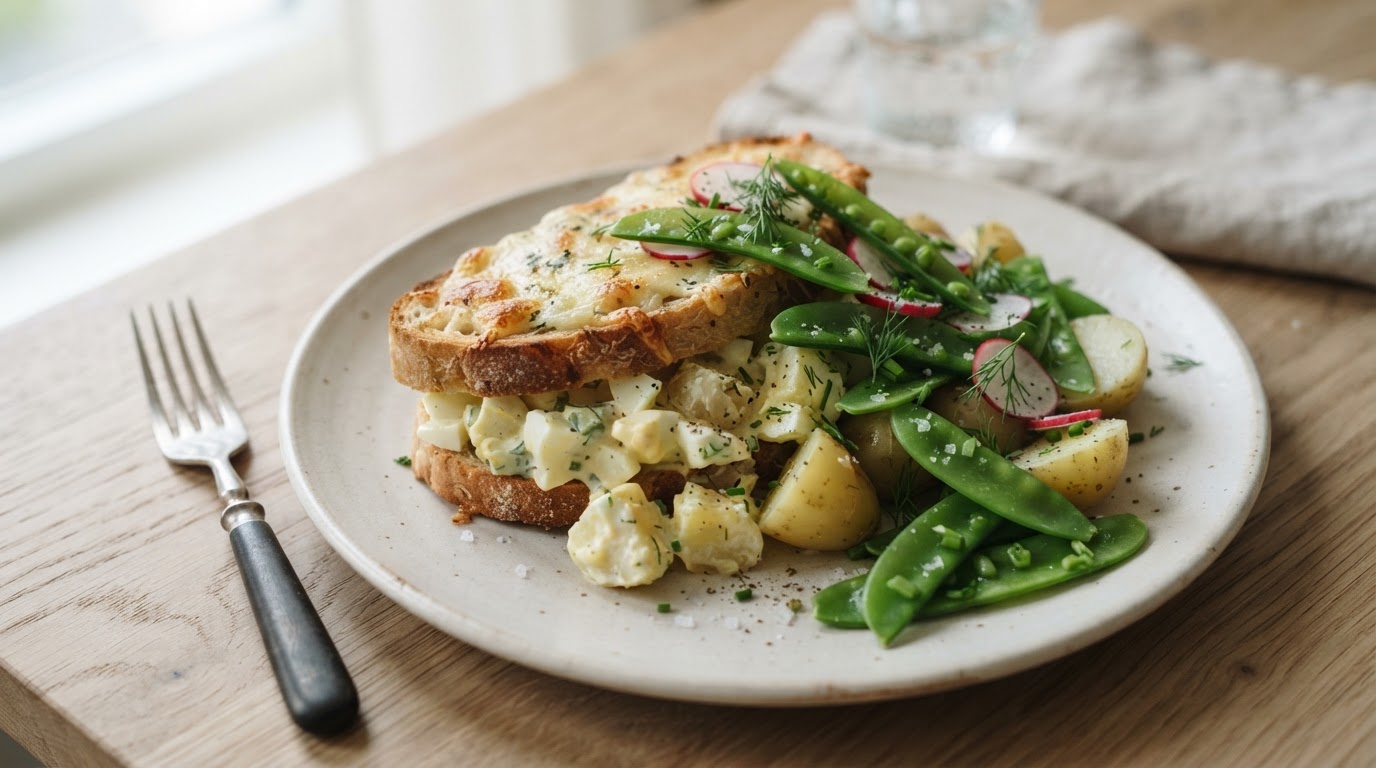 Gratinert resteloff med eggesalat, nypotet og sprø sukkererter – illustrasjonsbilde