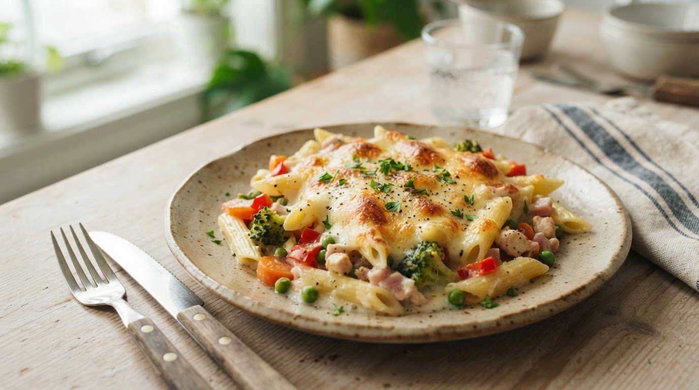 Gratinert restepanne med pasta, grønnsaker og ost – slik ser retten ut
