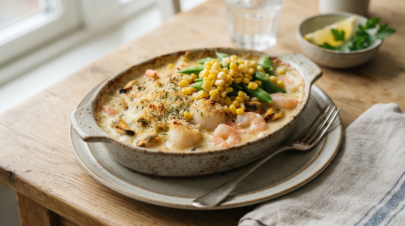 Gratinert sjømatform med kamskjell, reker og fersk mais – slik ser retten ut