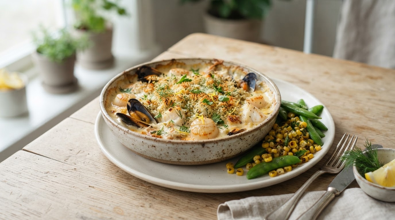 Gratinert sjømatpanne med kamskjell, blåskjell og krabbelokk – slik ser retten ut