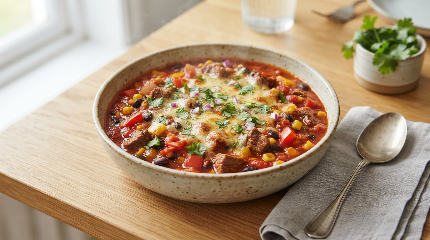 Gratinert Tex-Mex biffgryte med sorte bønner – slik ser retten ut