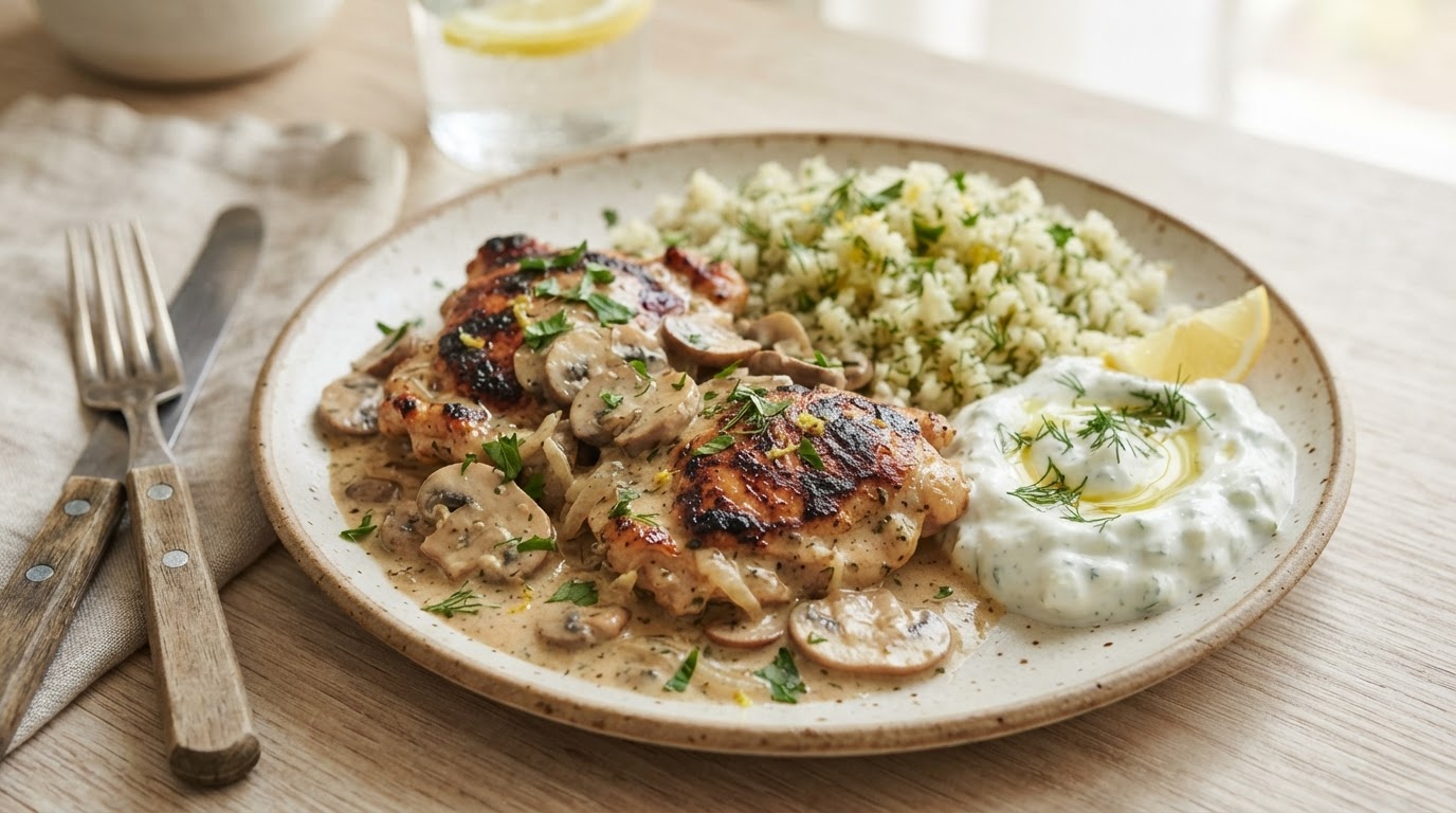 Gresk kyllinglårfilet i kremet soppsaus med blomkålris og tzatziki – illustrasjonsbilde