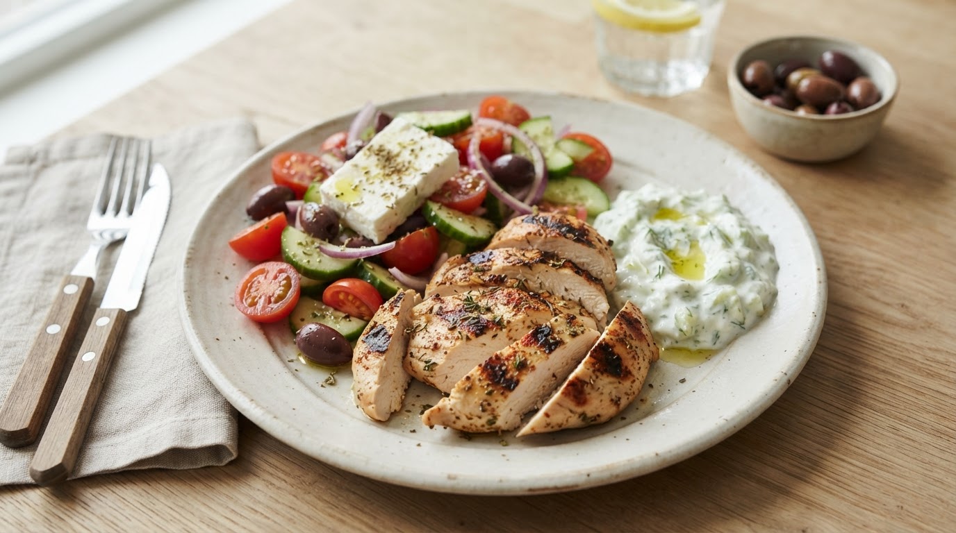 Gresk kyllingtallerken med fetaost og tzatziki – illustrasjonsbilde