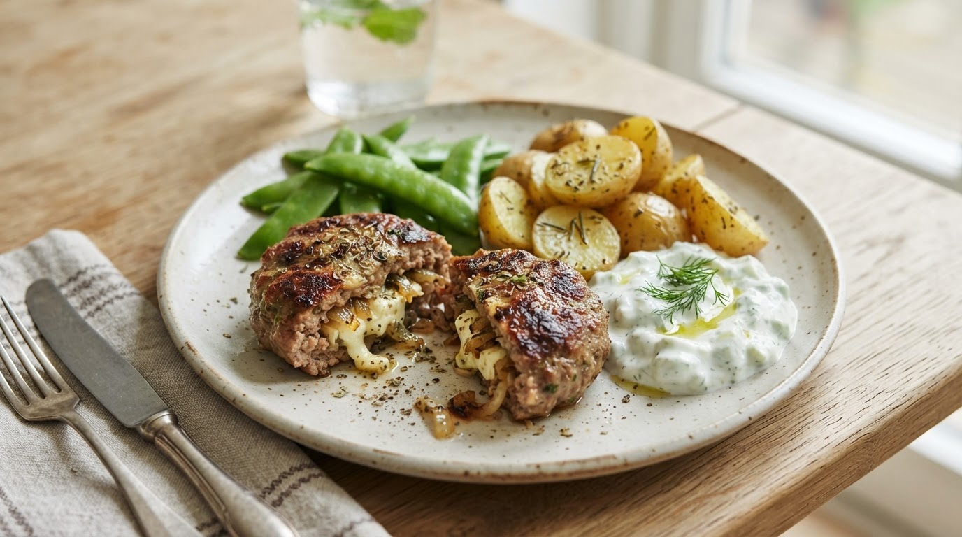 Greske bifteki fylt med fetaost, nypoteter og frisk tzatziki – illustrasjonsbilde