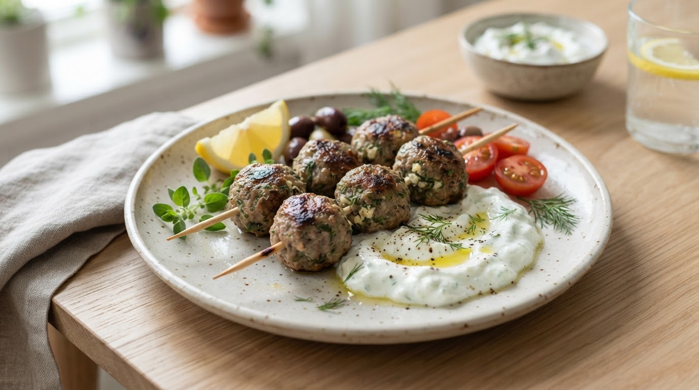 Greske kjøttboller på spyd med frisk tzatziki – illustrasjonsbilde