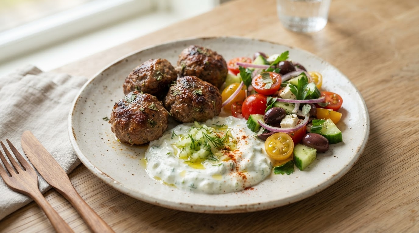 Greske kjøttkaker i ovn med fyldig tzatziki og tomatsalat – illustrasjonsbilde