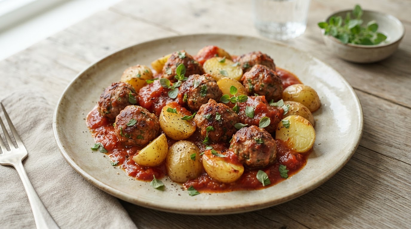 Greske kjøttkaker i tomatsaus med nypoteter – illustrasjonsbilde