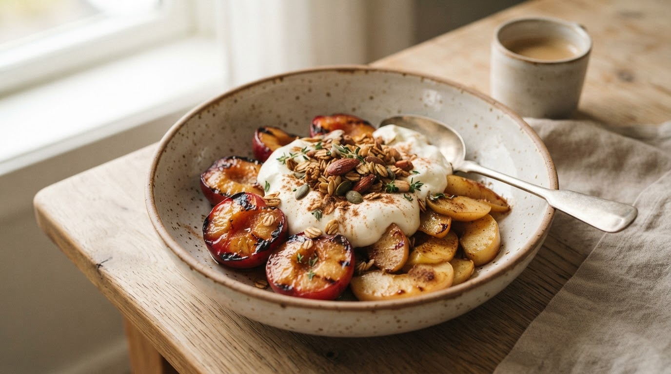 Grillet sommerfrukt med sprø havre og vaniljekvarg – illustrasjonsbilde