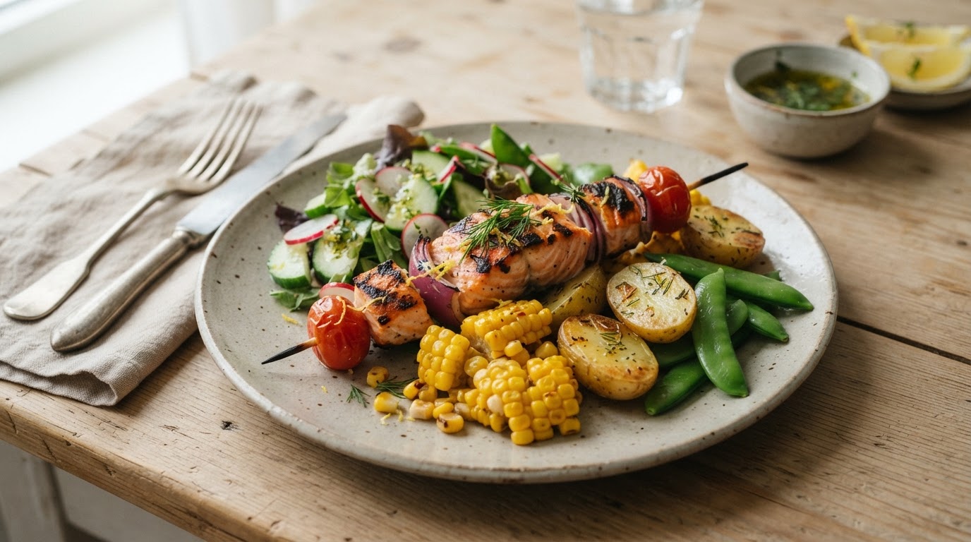 Grillspyd med laks, nypoteter og fersk augustmais – slik ser retten ut