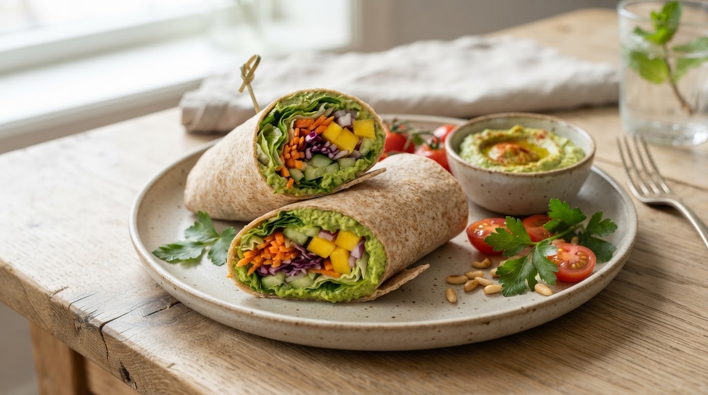 Grønn hummus-wrap med sprø tilbehør – illustrasjonsbilde