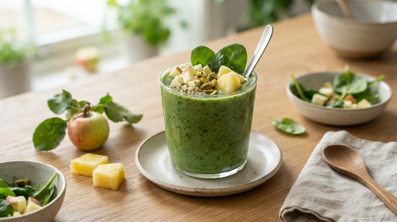 Grønn og proteinrik smoothie med norske augustepler og ananas – illustrasjonsbilde