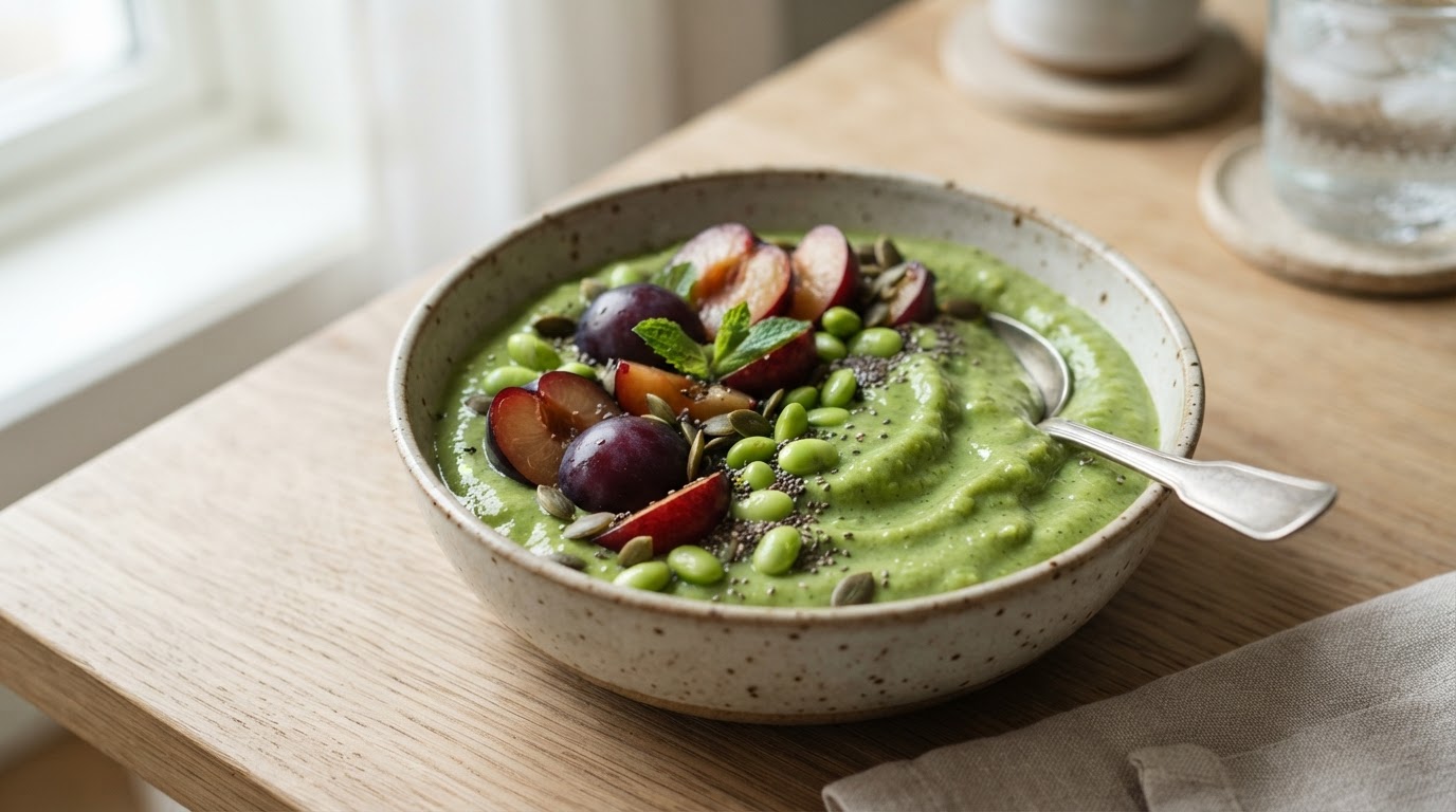 Grønn og proteinrik smoothie med norske plommer og edamame