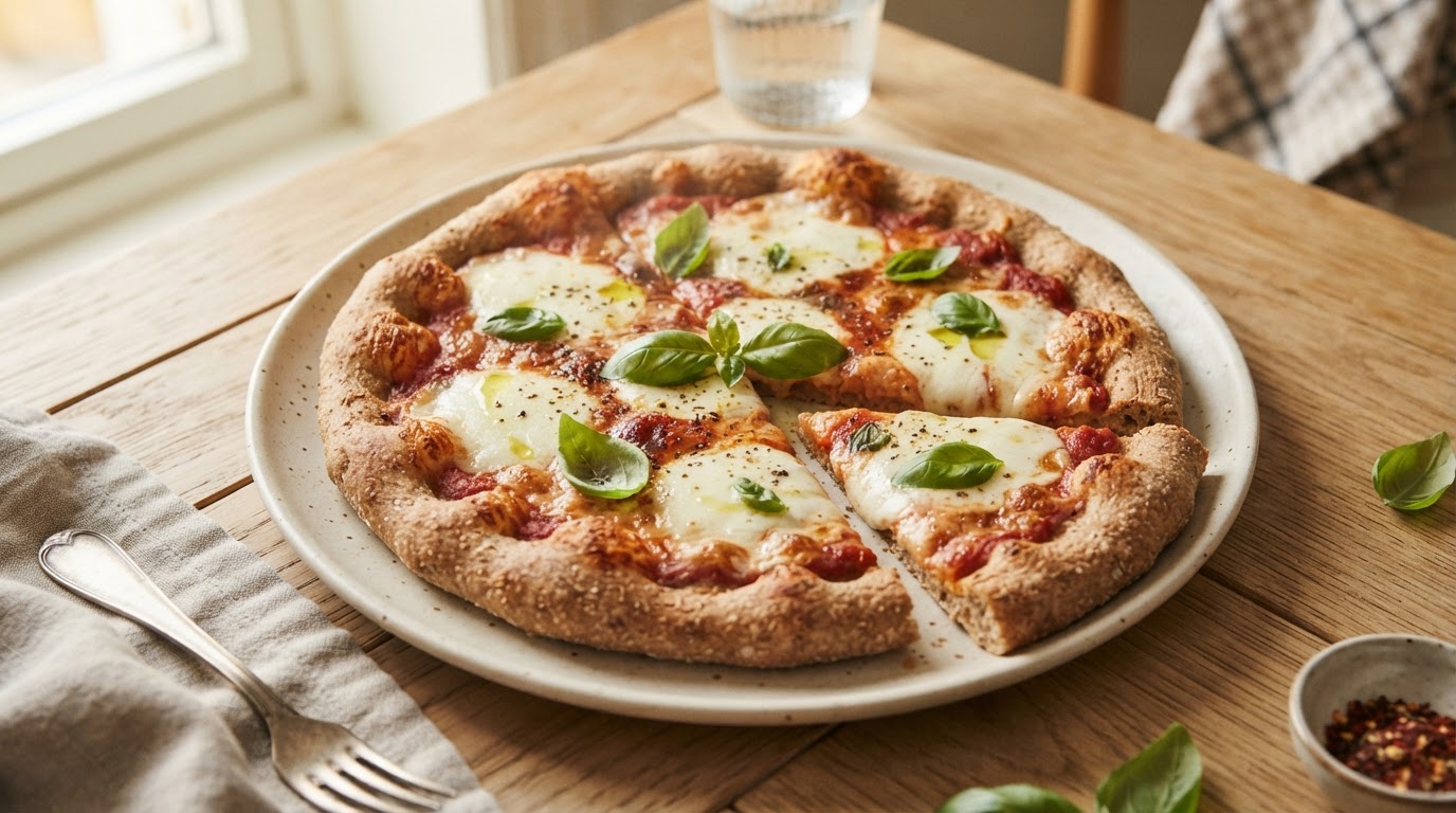 Grov fullkornspizza med mozzarella og fersk basilikum – slik ser retten ut