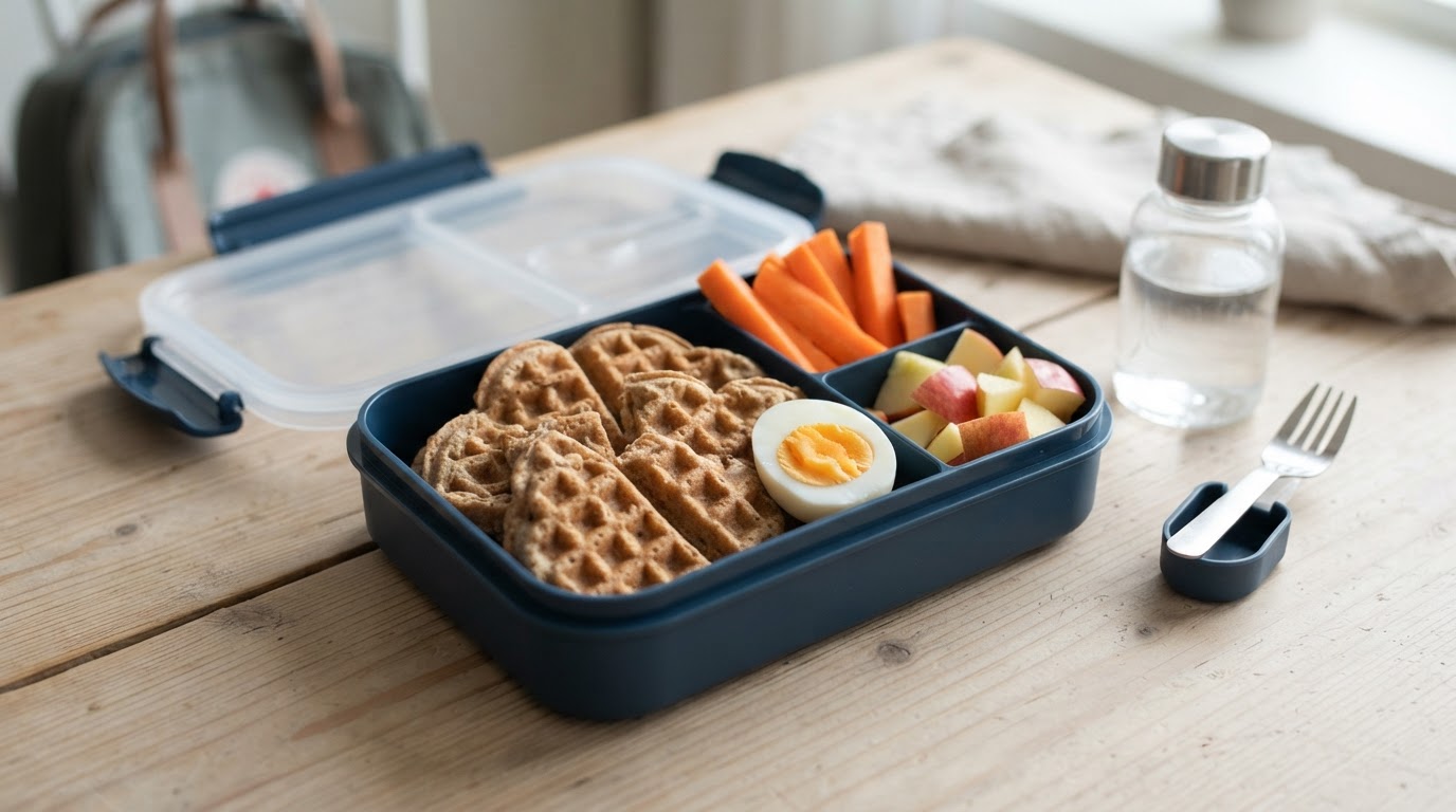 Grov vaffel-matpakke med kokt egg og frukt – illustrasjonsbilde