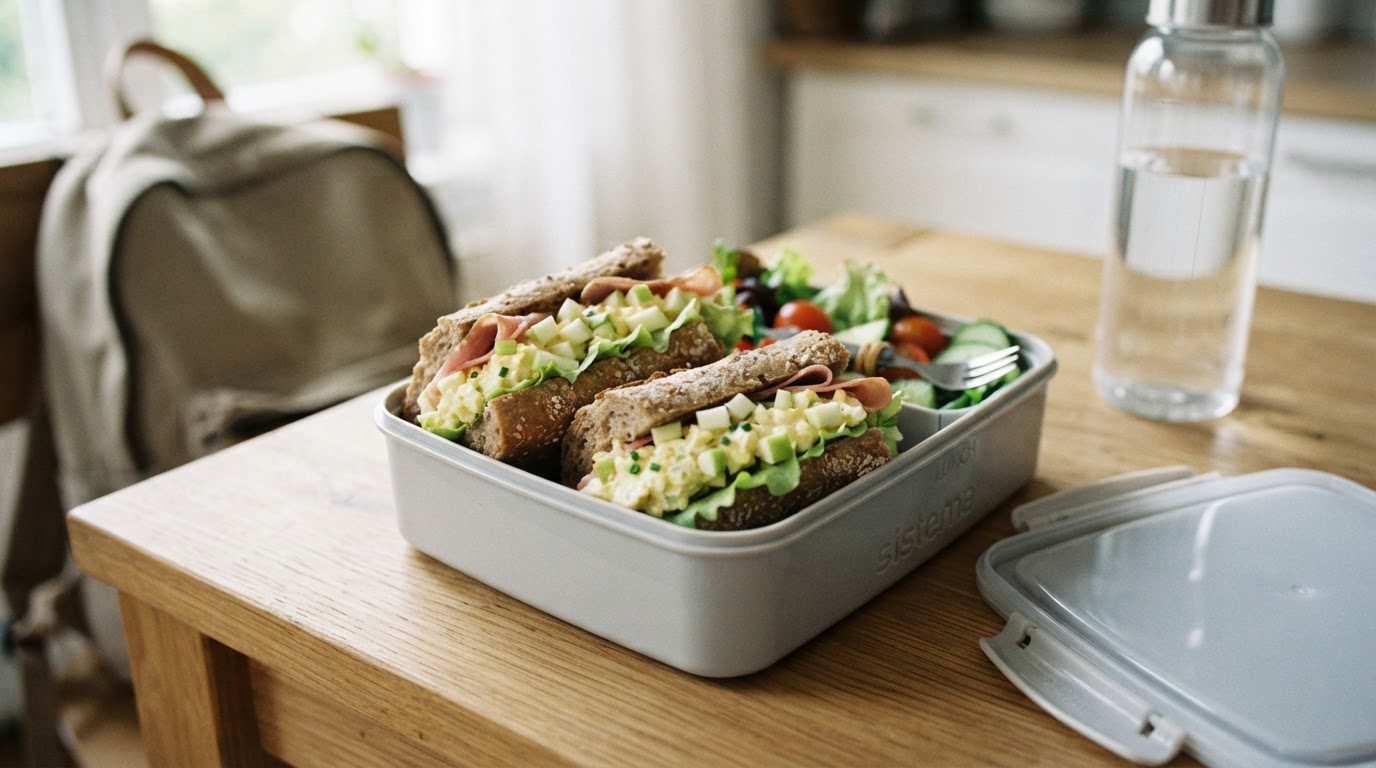 Grovbaguette med kremet eggesalat, sprøtt eple og skinke – illustrasjonsbilde