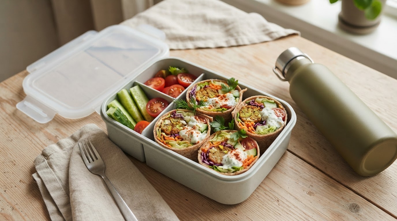 Grove falafelwraps med mild tzatziki – illustrasjonsbilde
