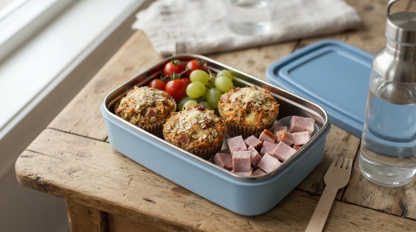 Grove matmuffins med havre, gulrot og skinke – illustrasjonsbilde