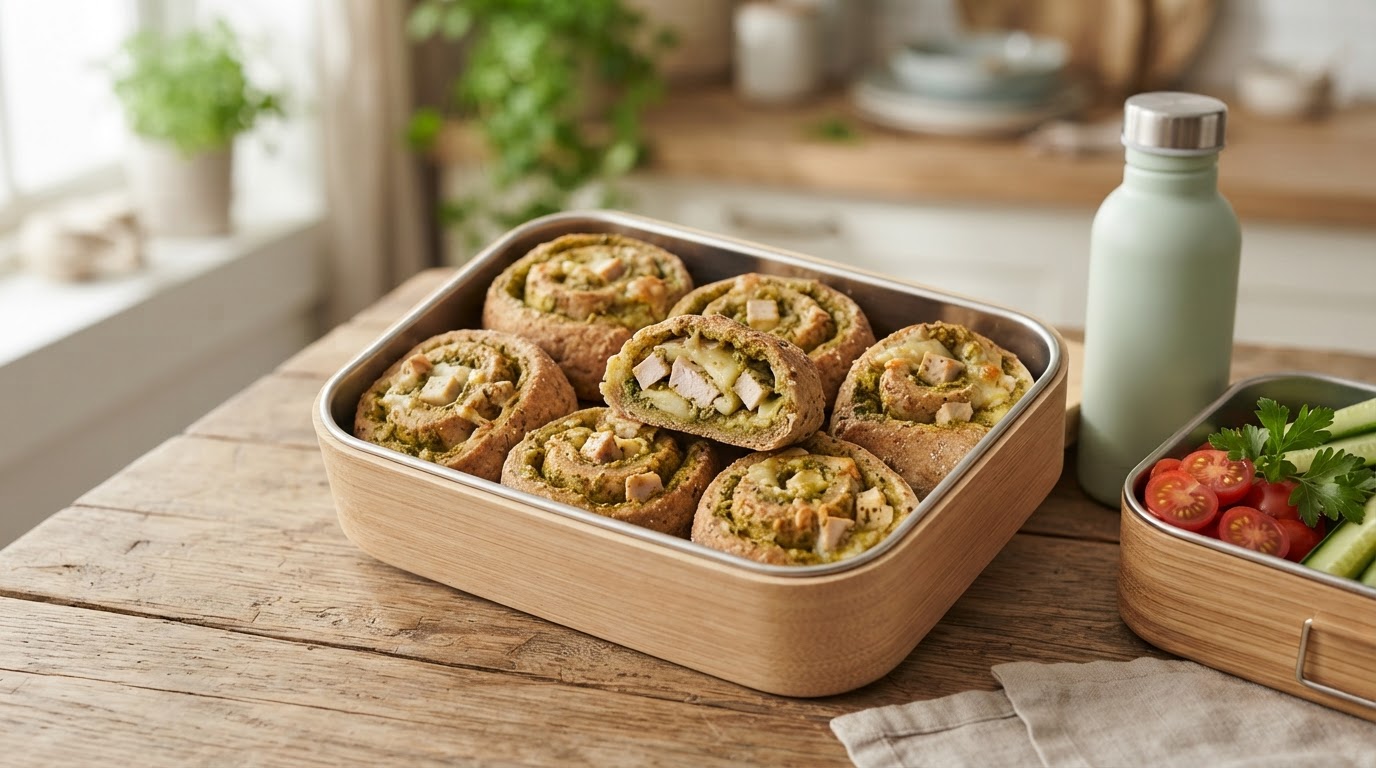 Grove matpakkesnurrer med pesto, kalkun og ost – illustrasjonsbilde