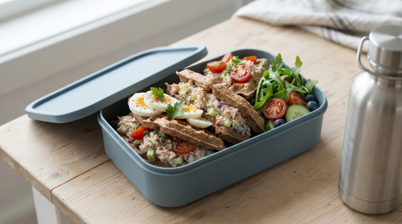 Grove matpakkevafler med mild tunfisksalat og egg – illustrasjonsbilde