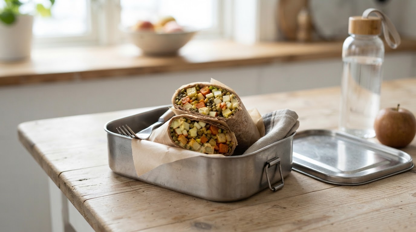 Grove vegetarwraps med rotgrønnsakrester og sprø epler – illustrasjonsbilde